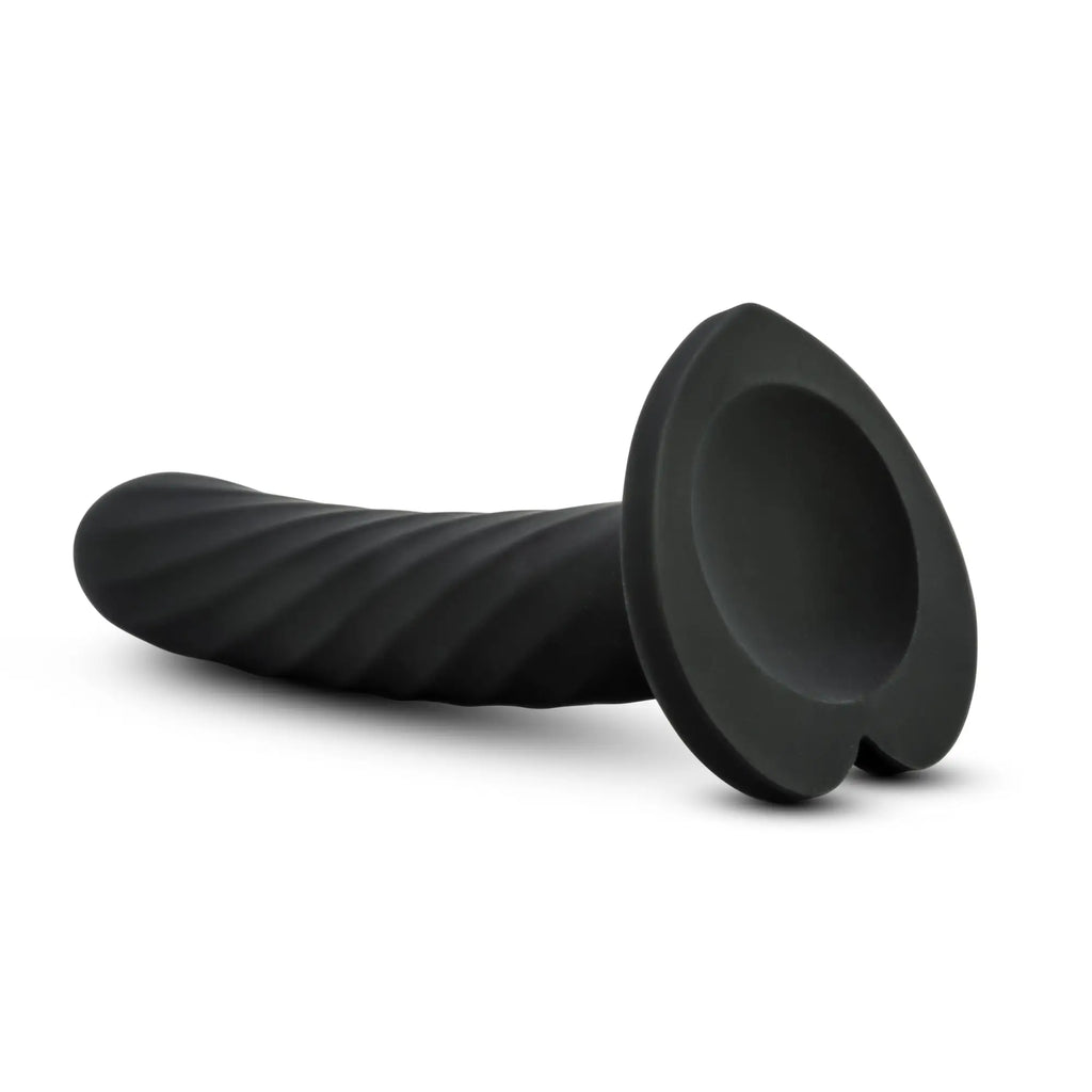 Black silicone Temptasia Temptasia Twist medium anal plug with ribbed texture and flared base shown from the back side