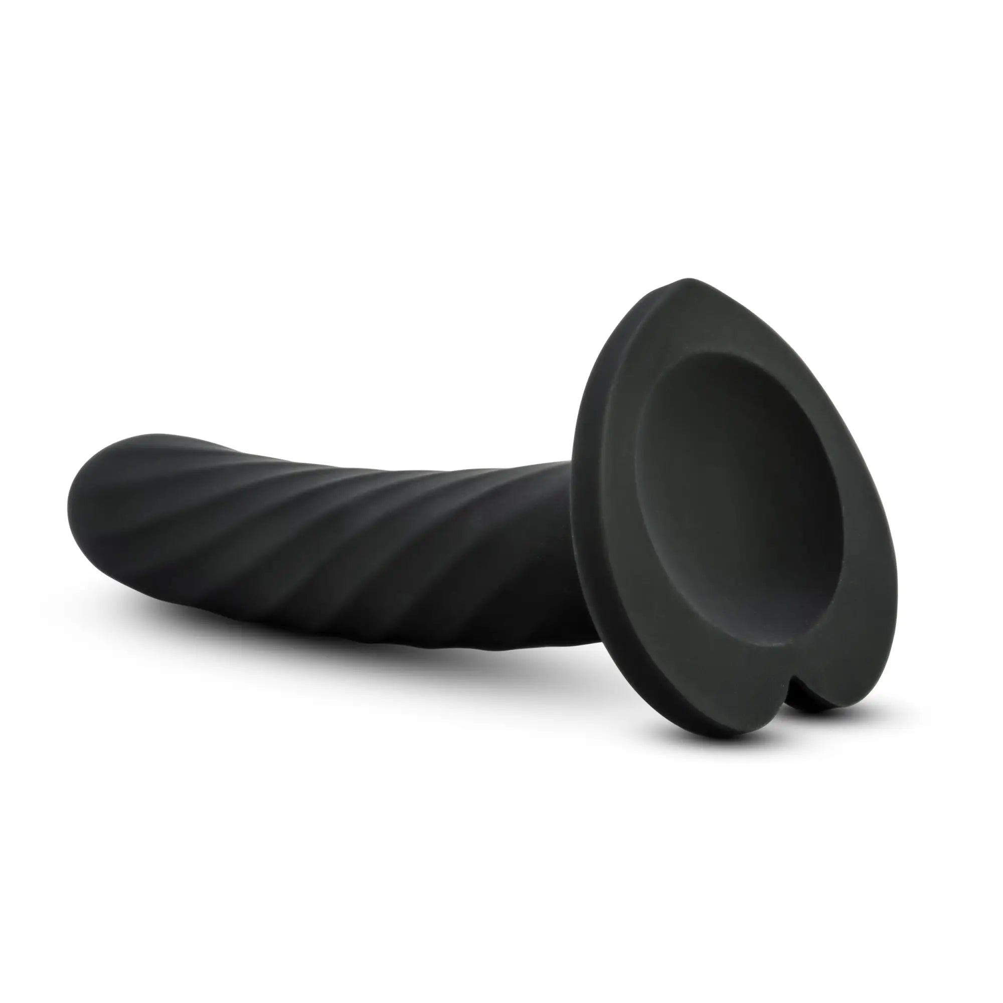 Black silicone Temptasia Temptasia Twist medium anal plug with ribbed texture and flared base shown from the back side