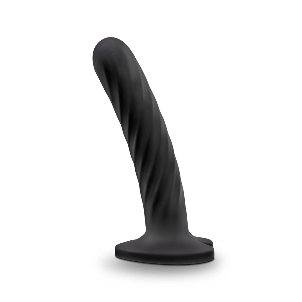 Black silicone Temptasia Twist medium anal plug with twisted textured surface and wide base for stability