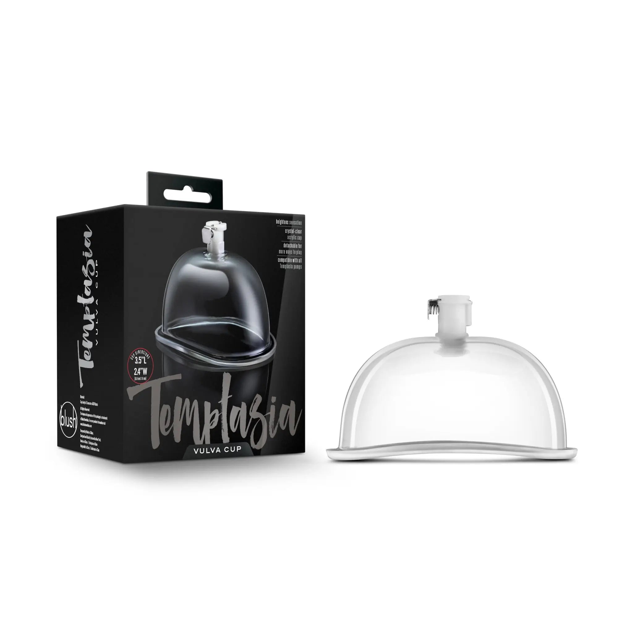 Clear plastic temptasia vulva cup with white valve and base shown next to black packaging for menstrual use