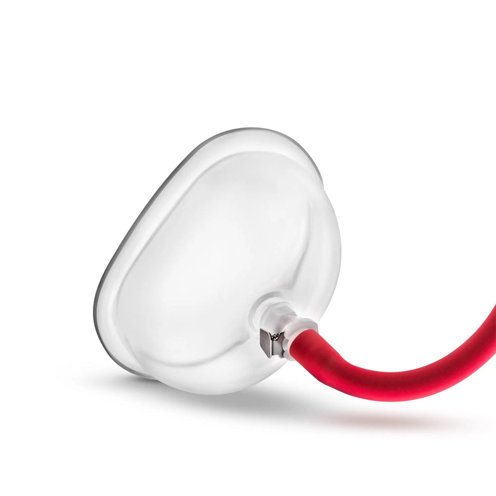 Temptasia vulva cup clear with a clear silicone suction cup and red flexible tube attached for intimate use