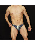 Men's thong swimwear in beach blue print featuring a drawstring waist shown on a model by Arroyman.