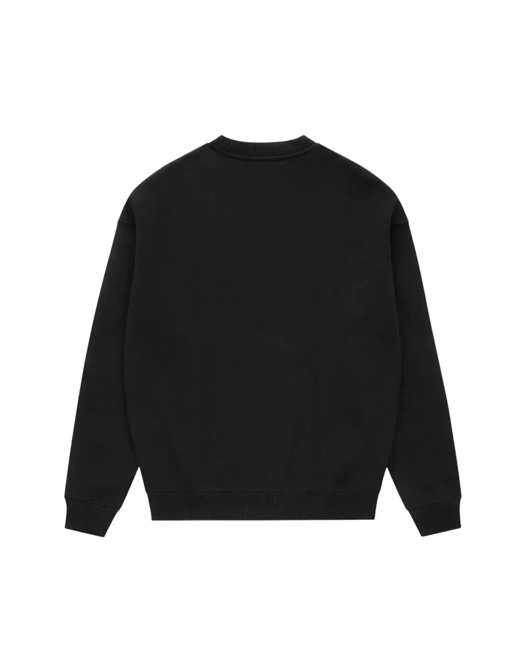 Back view of a plain black long-sleeve crewneck sweatshirt with ribbed cuffs and hem on a white background.