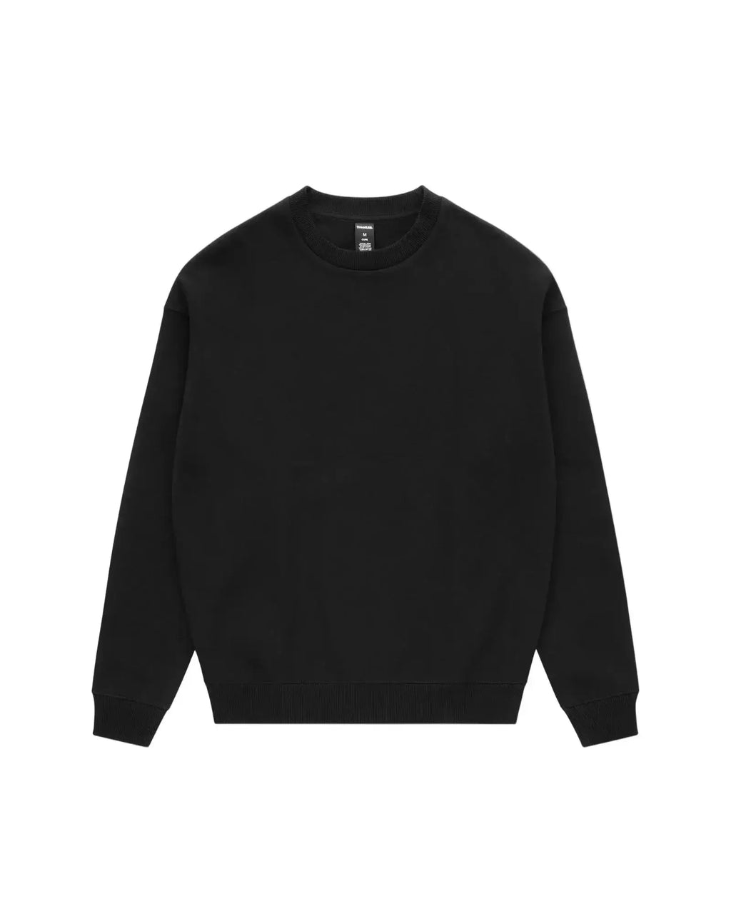 A solid black long-sleeve crewneck sweatshirt with ribbed cuffs, hem, and collar, isolated on a white background.