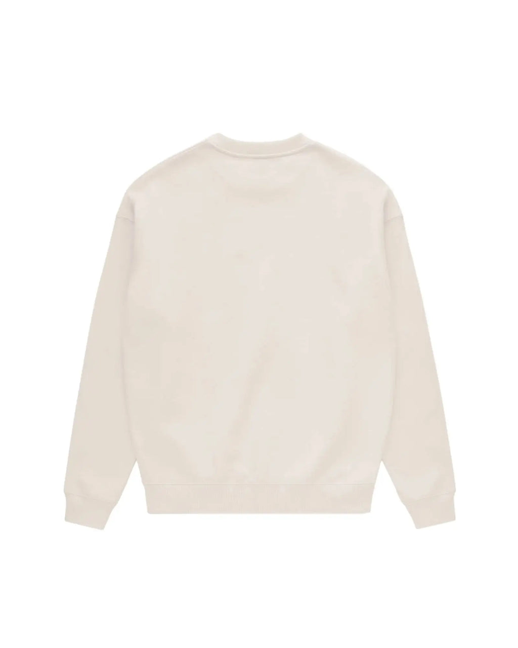 Back view of a cream-colored crewneck sweatshirt with ribbed cuffs and hem, isolated on a white background.