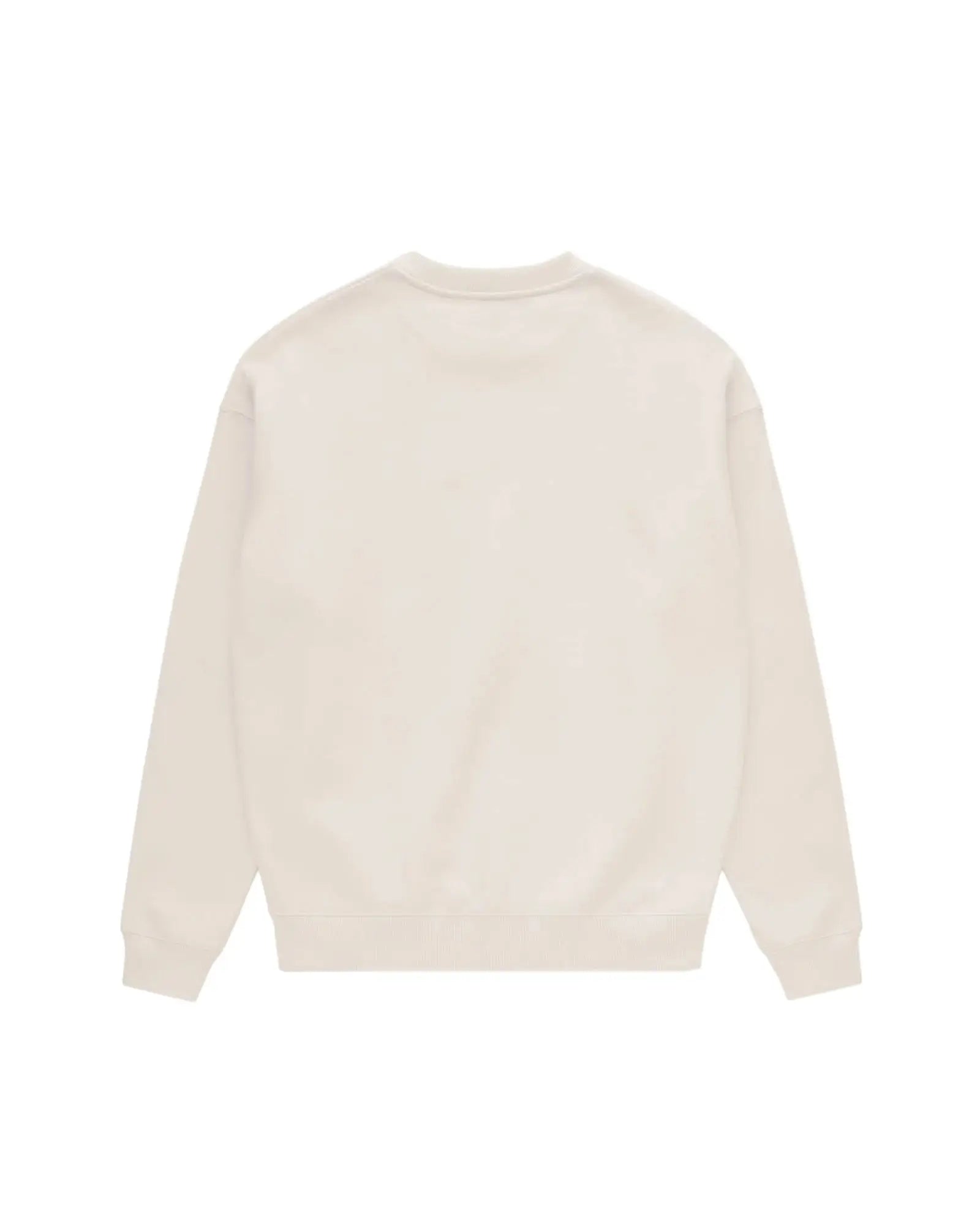 Back view of a cream-colored crewneck sweatshirt with ribbed cuffs and hem, isolated on a white background.