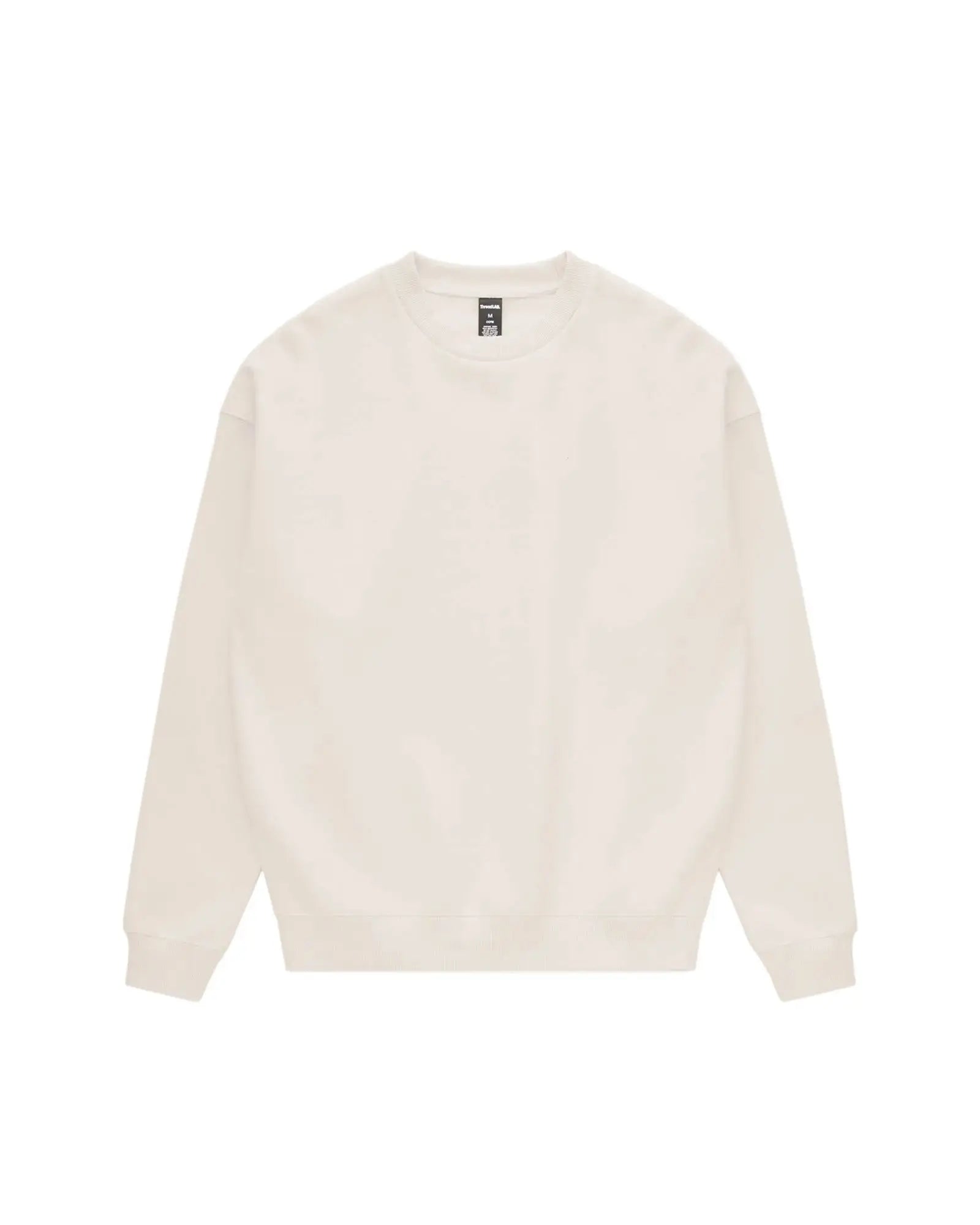 Off-white crewneck sweatshirt with a ribbed collar, cuffs, and hem, set against a plain white background.