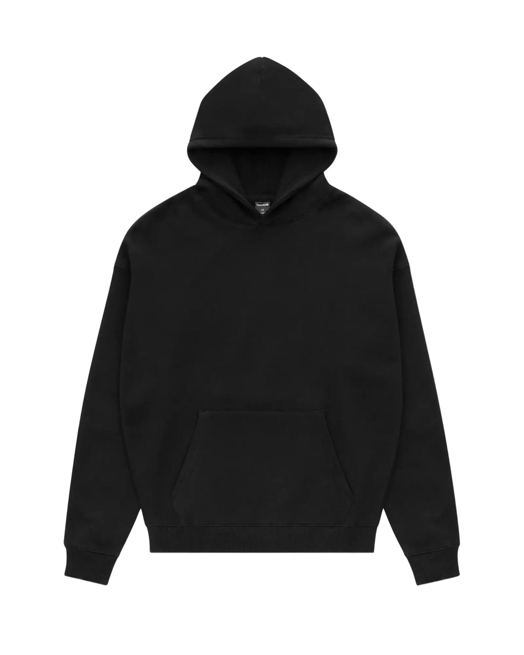 Solid black long-sleeve hoodie with a spacious hood, ribbed cuffs, and a large front kangaroo pocket.