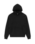 Solid black long-sleeve hoodie with a spacious hood, ribbed cuffs, and a large front kangaroo pocket.