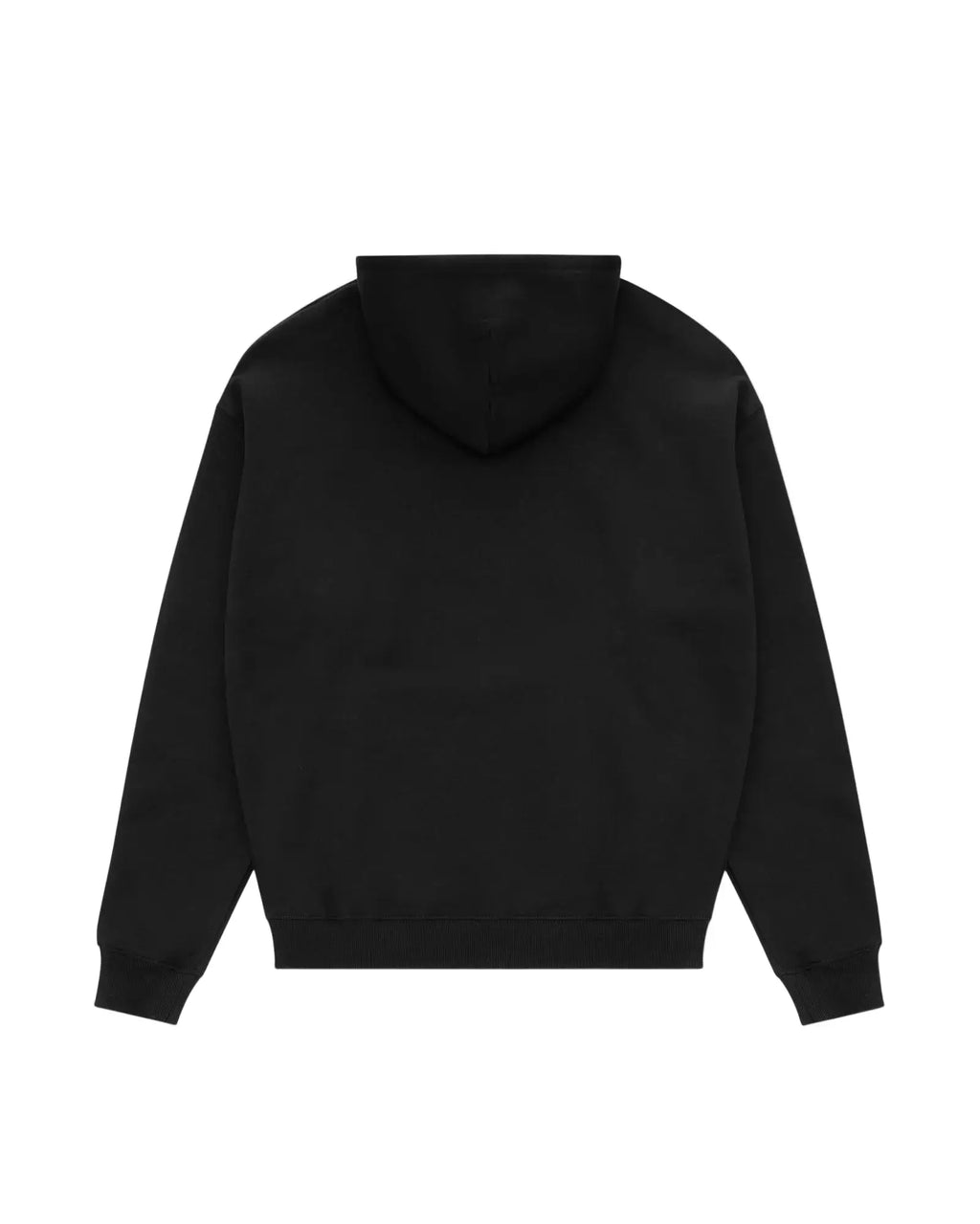 Back view of a plain black pullover Core hoodie featuring a hood, long sleeves, and ribbed cuffs and hem.