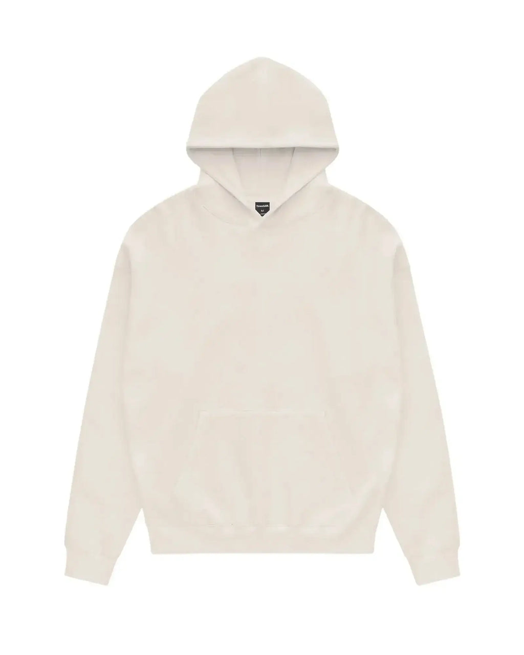 Cream-colored Core hoodie in a relaxed, pullover style with a large front kangaroo pocket and simple hood.