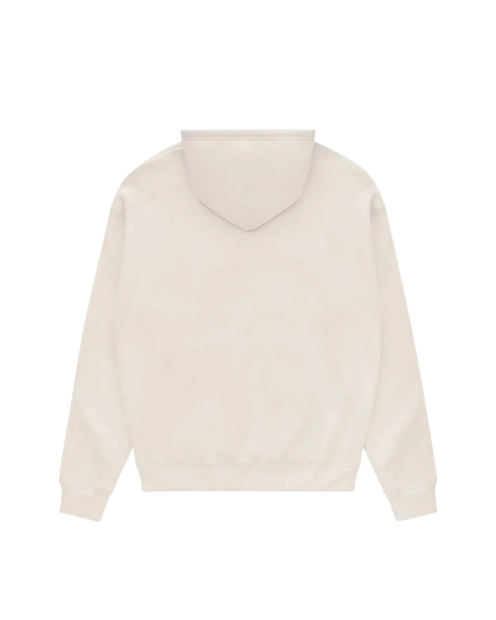 Back view of a plain, cream-colored Core hoodie with long sleeves and ribbed cuffs, isolated on a white background.