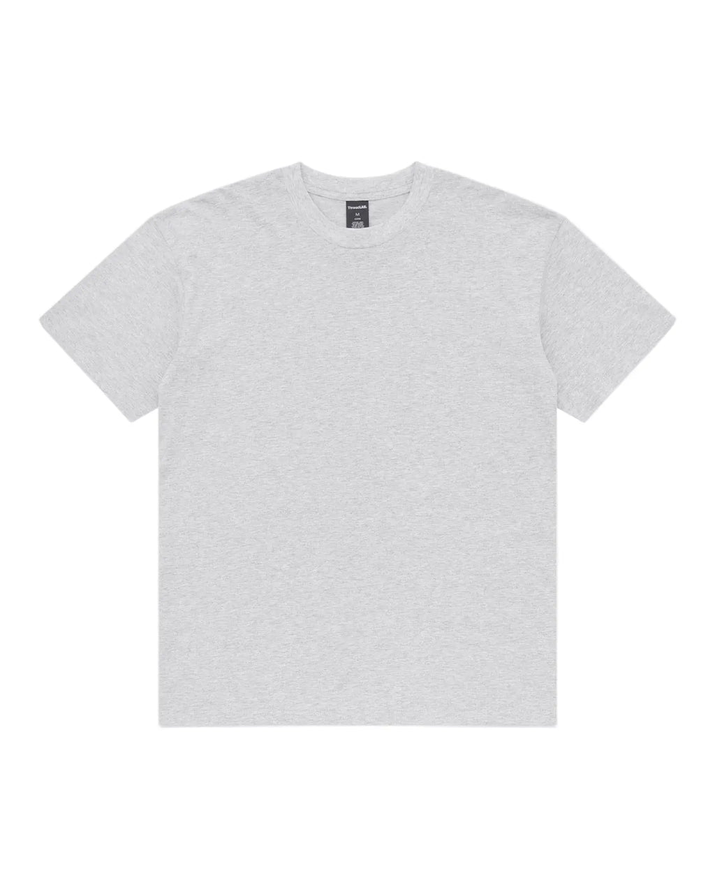 A light grey heathered crew neck t-shirt with short sleeves and a branded inner collar tag on a plain background.