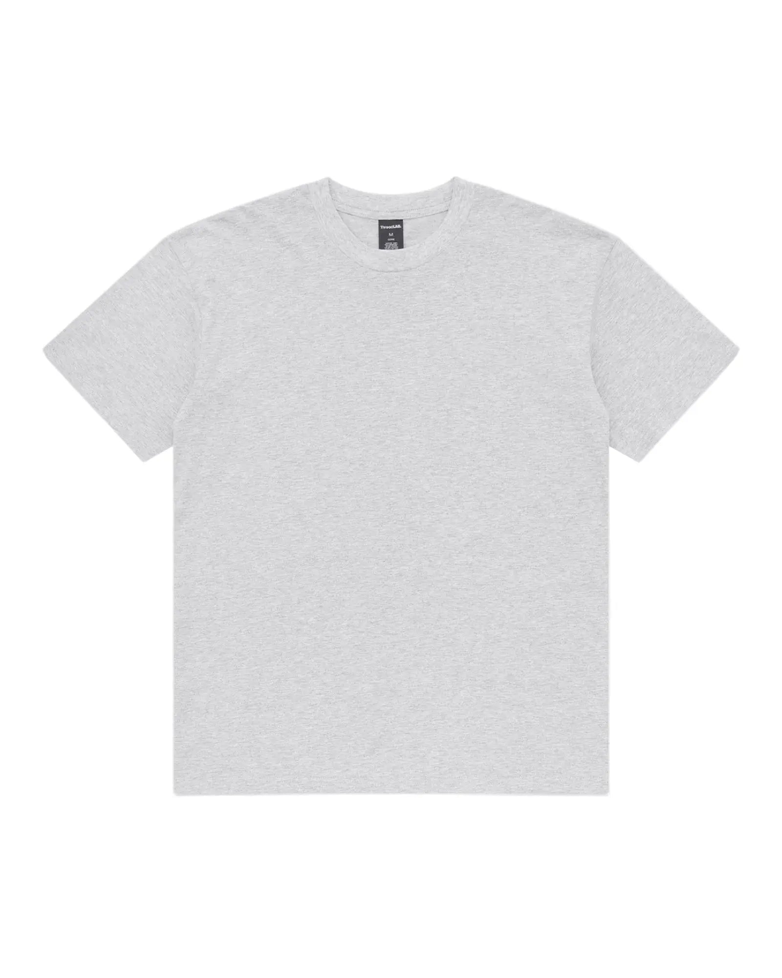 A light grey heathered crew neck t-shirt with short sleeves and a branded inner collar tag on a plain background.