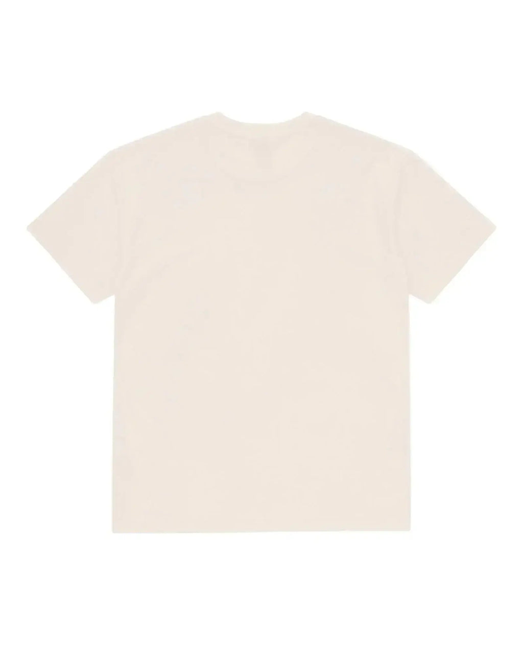 Back view of a plain, cream-colored short-sleeve crewneck tee with a classic, relaxed fit.