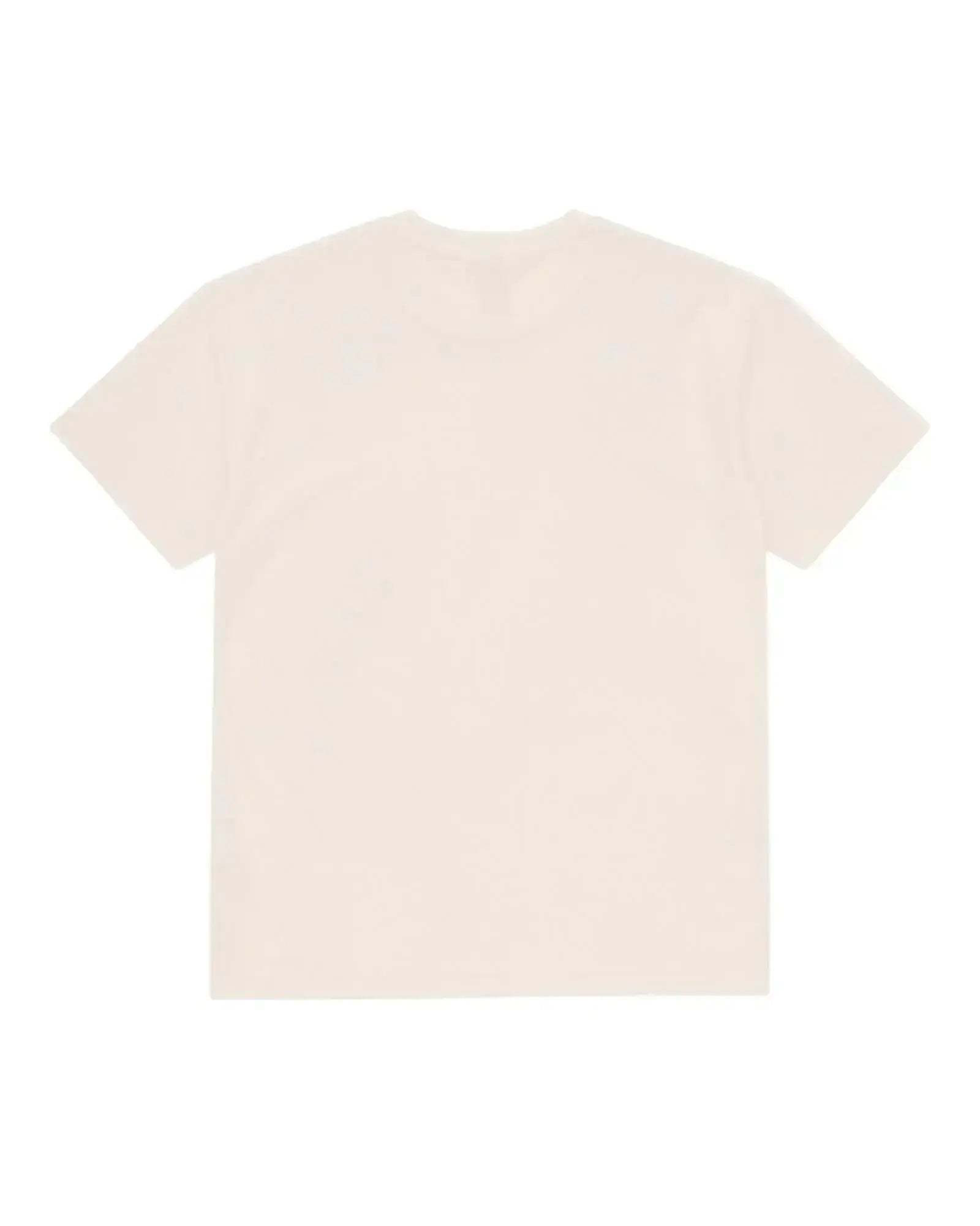 Back view of a plain, cream-colored short-sleeve crewneck tee with a classic, relaxed fit.