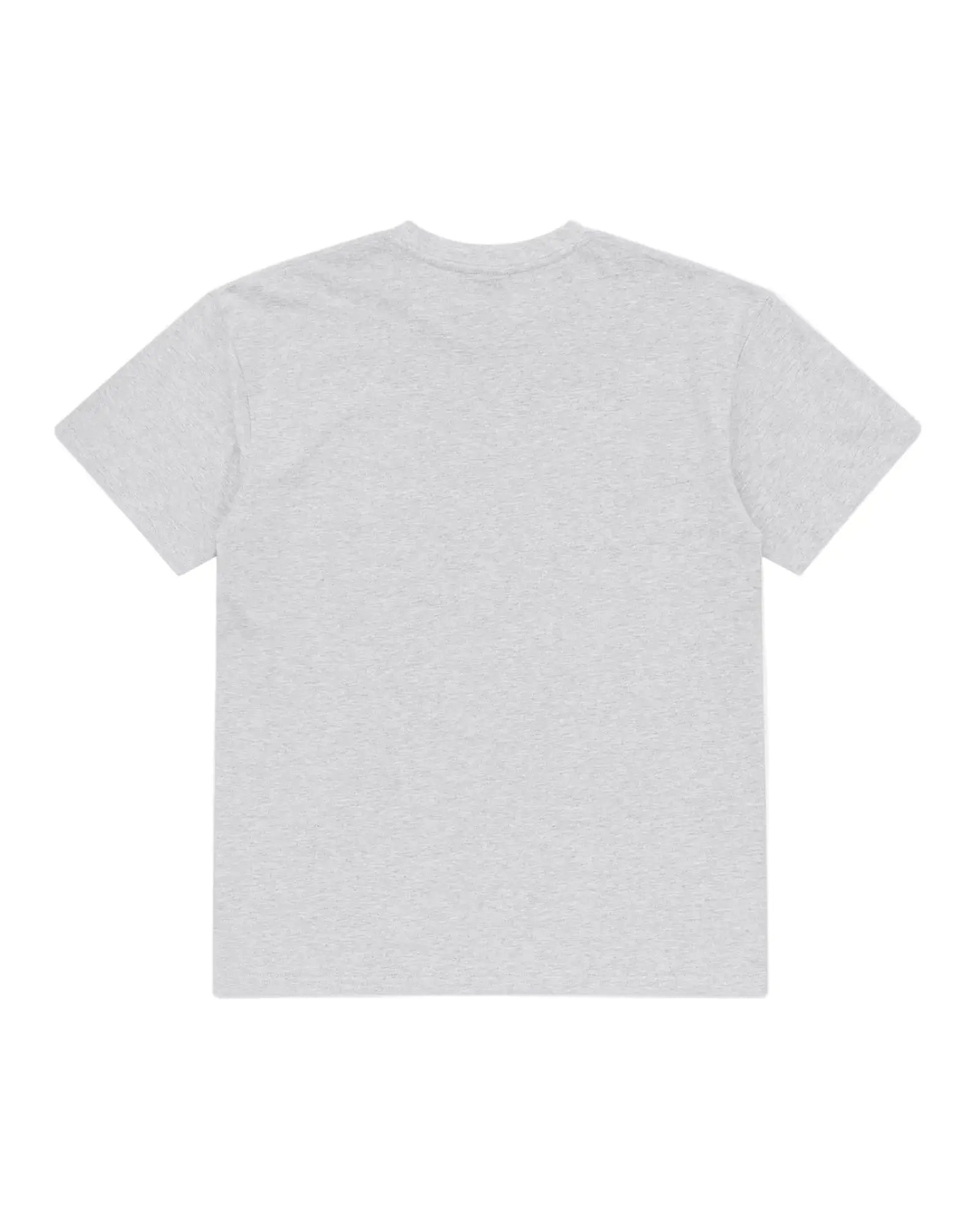 Back view of a light gray, short-sleeved crew neck t-shirt with a standard fit.