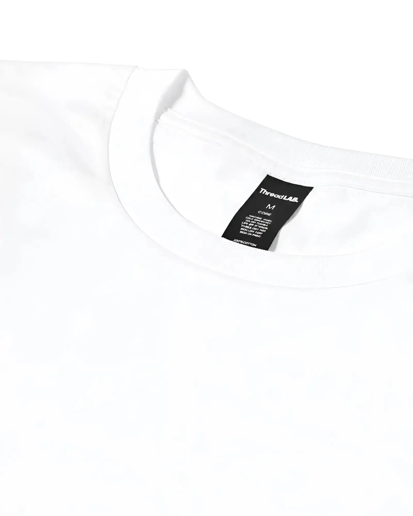 Close-up of a plain white crewneck t-shirt with a black ThreadLAB brand tag visible at the inner neckline.