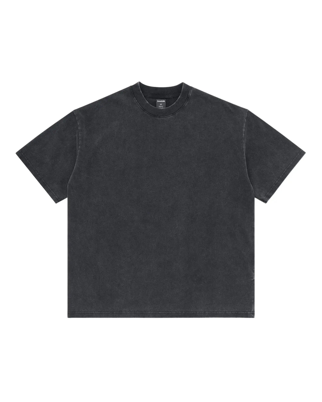 Short-sleeve charcoal grey premium t-shirt with a vintage wash, crew neck, and boxy, relaxed fit.