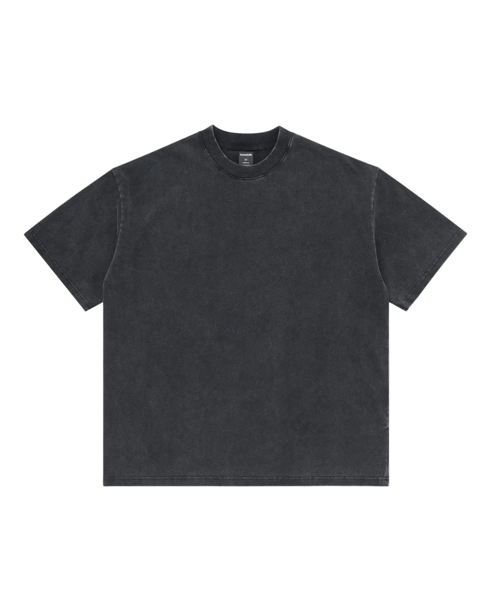 Short-sleeve charcoal grey premium t-shirt with a vintage wash, crew neck, and boxy, relaxed fit.