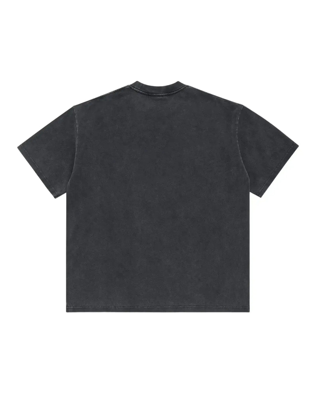 Back view of a premium charcoal black t-shirt with a vintage-style, faded wash and a classic crew neck.