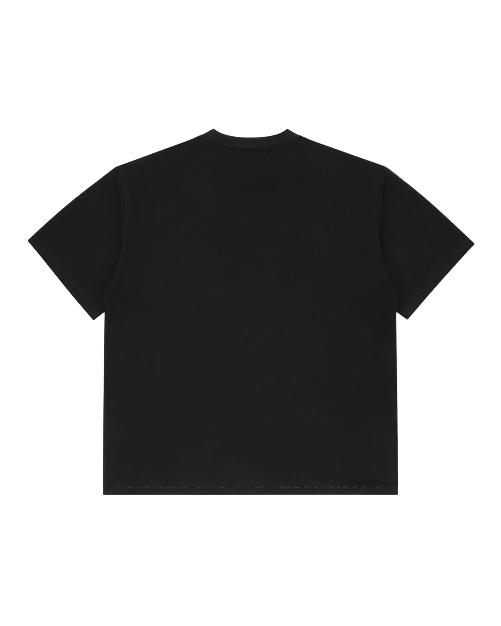 Back view of a plain black premium short-sleeve crewneck t-shirt with a relaxed, boxy fit.