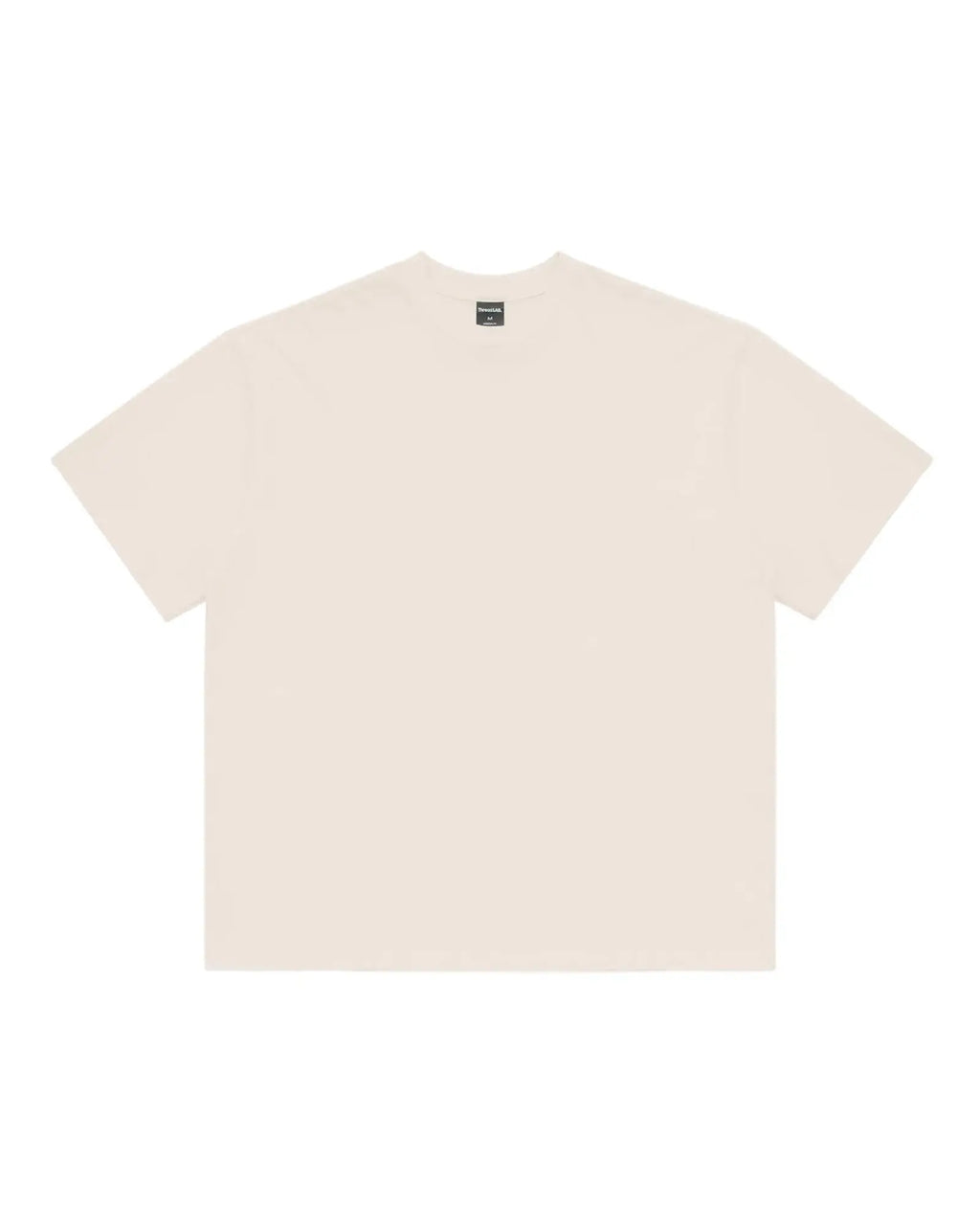Cream-colored premium crew-neck t-shirt with a relaxed, boxy fit and a black interior brand label at the neckline.