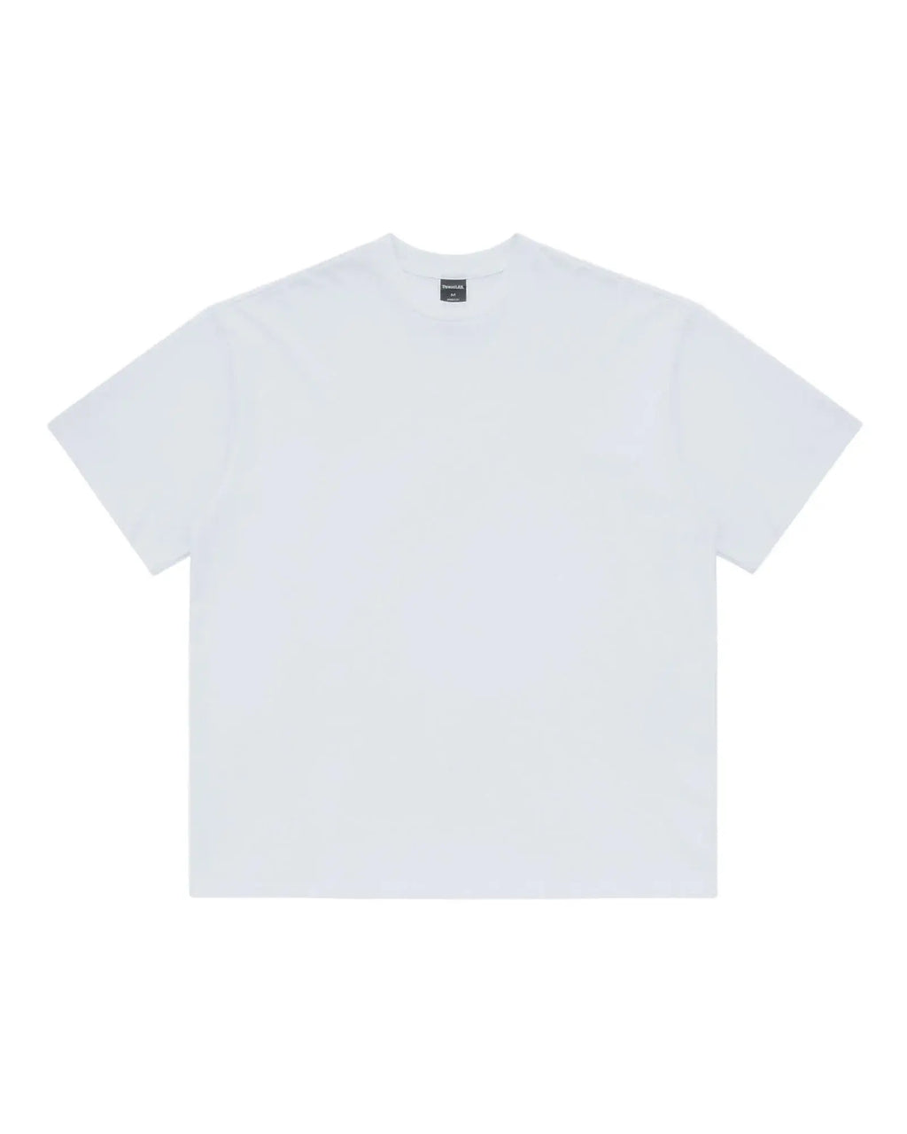 Minimalist white premium crewneck tee with a relaxed fit and a black interior neck label.