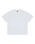 Minimalist white premium crewneck tee with a relaxed fit and a black interior neck label.