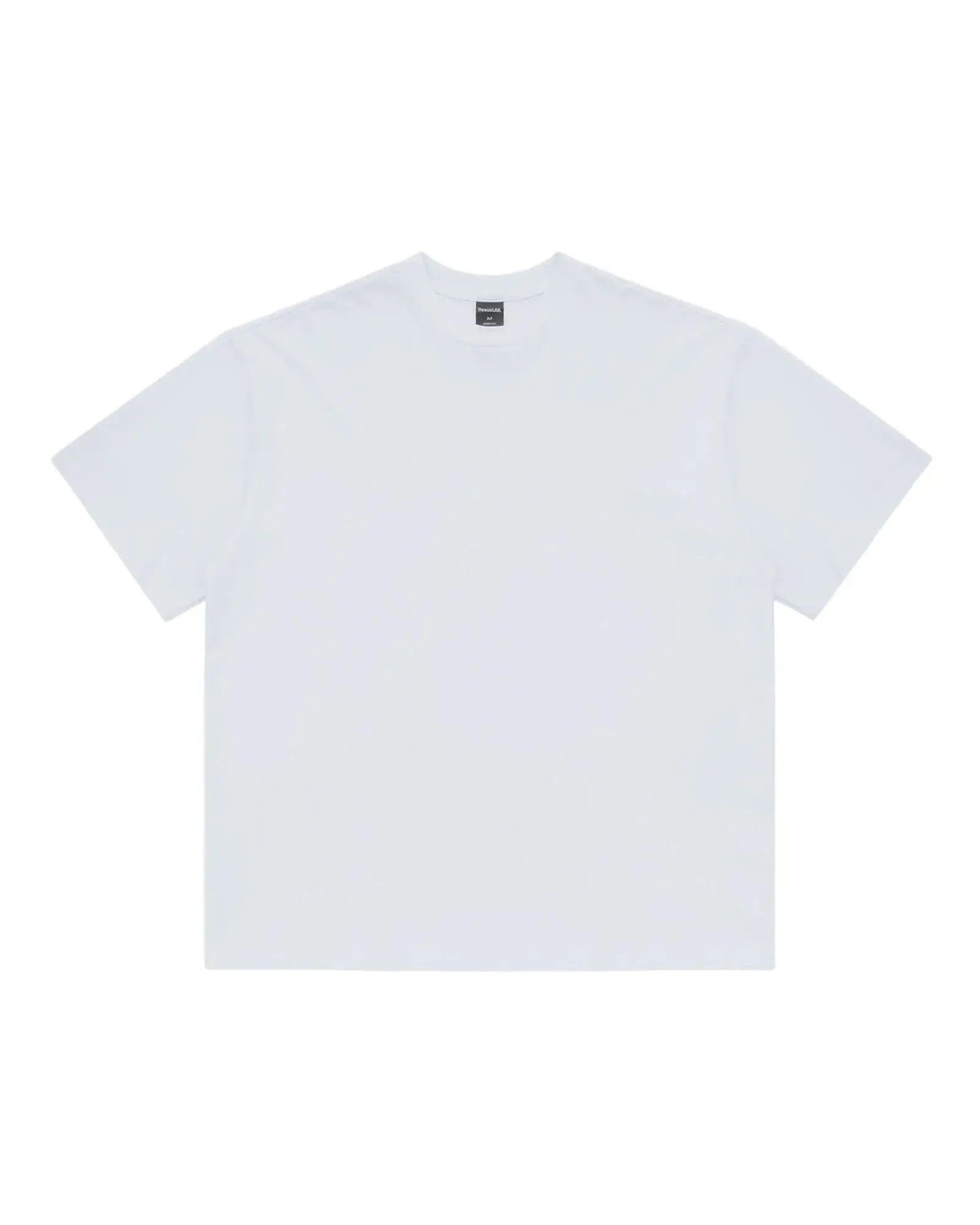 Minimalist white premium crewneck tee with a relaxed fit and a black interior neck label.