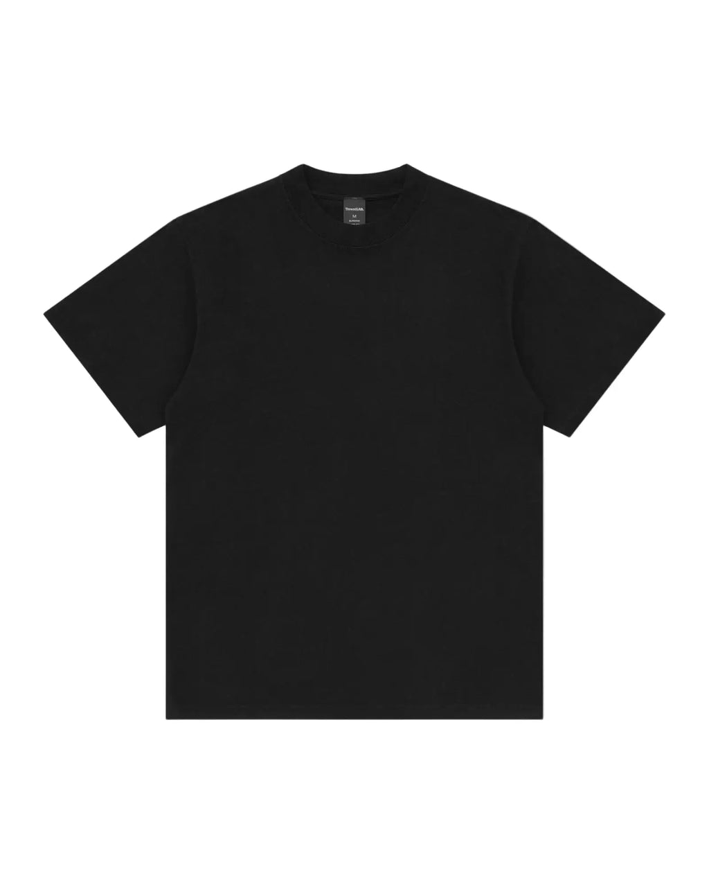 A solid black, short-sleeved crew neck t-shirt with a structured collar, displayed against a plain white background.