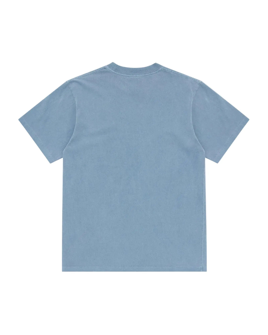 Back view of a plain, faded blue short-sleeve crewneck tee with a relaxed fit.