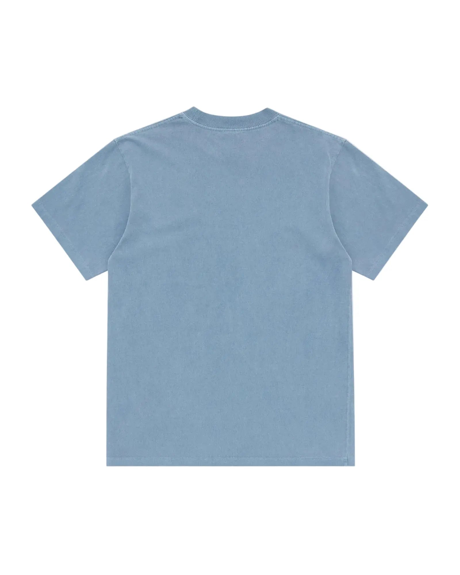 Back view of a plain, faded blue short-sleeve crewneck tee with a relaxed fit.