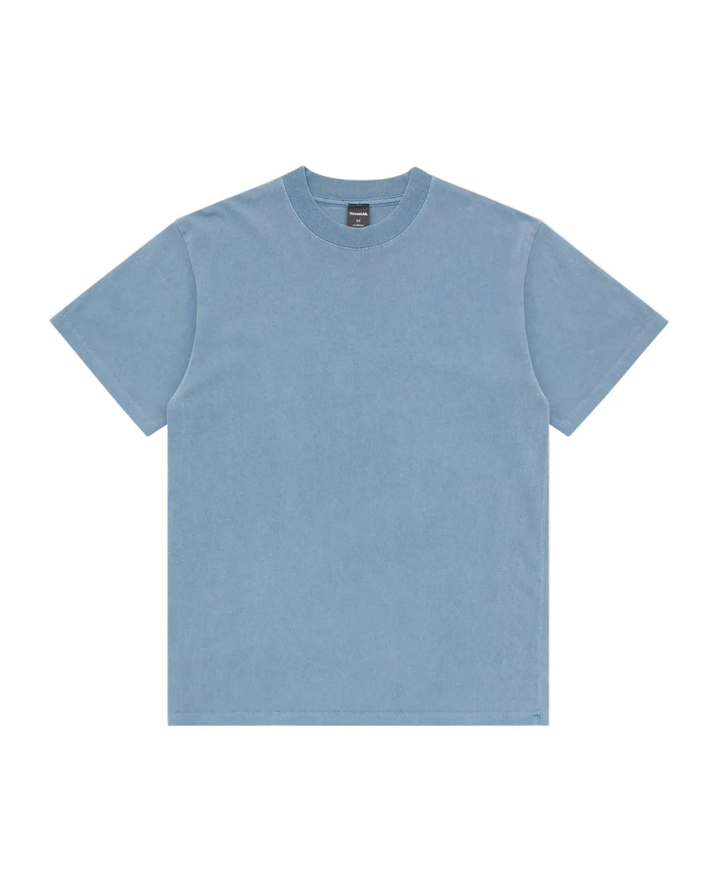 Dusty blue short-sleeve crewneck tee with a vintage-style wash.