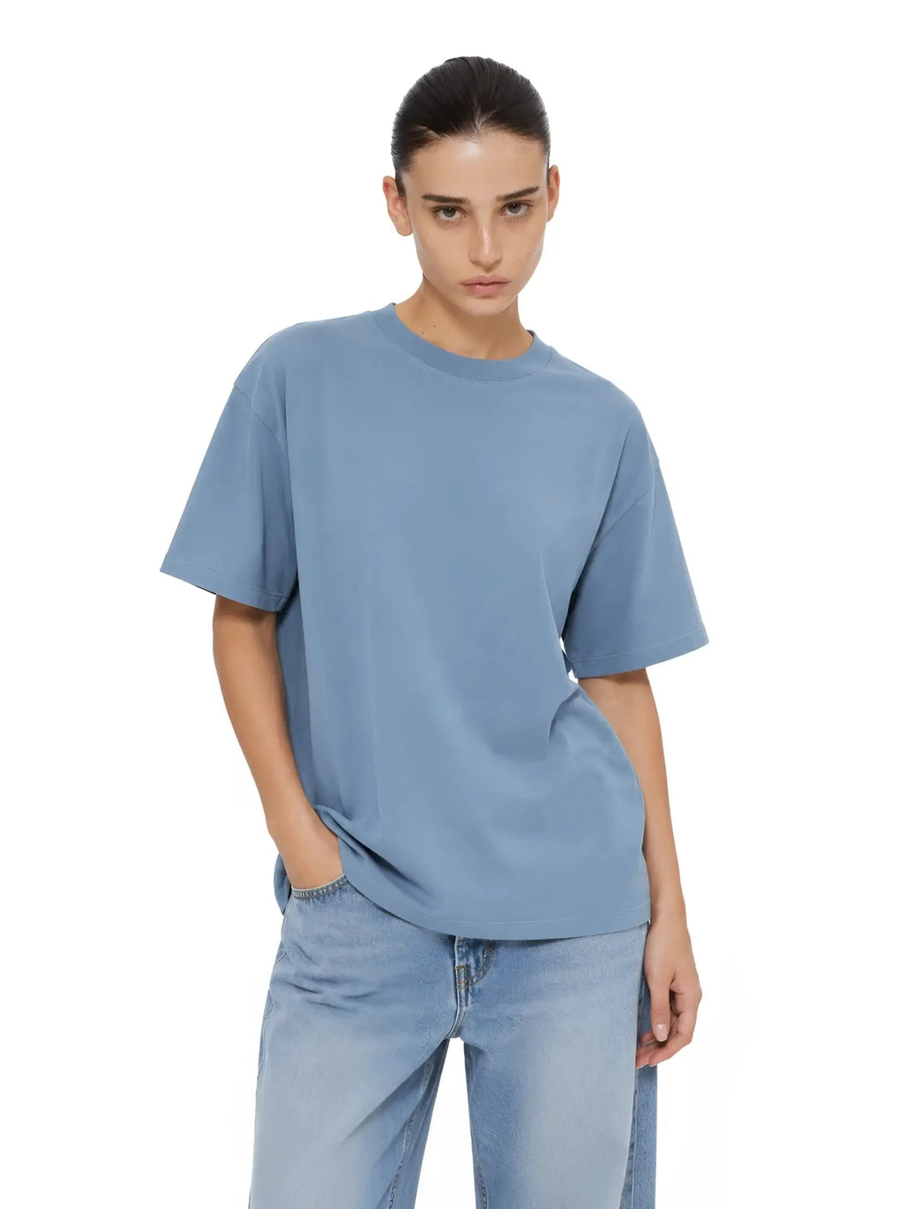 Model wearing a dusty blue, relaxed-fit crewneck t-shirt with a thick ribbed collar and dropped shoulders.