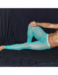 Men's green tulle gym tights by Arroyman featuring a fitted design and sheer material shown on a model reclining.