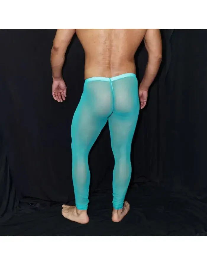 Men's green tulle gym tights by Arroyman featuring a sheer design and a snug fit shown from the back.