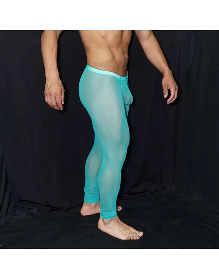 Men's green tulle gym tights by Arroyman featuring a fitted design and sheer material shown on a model from the side.
