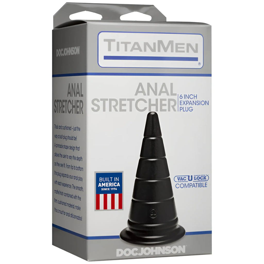 TitanMen anal stretcher 6 inch black conical plug with tapered tip and flared base for expansion and comfort