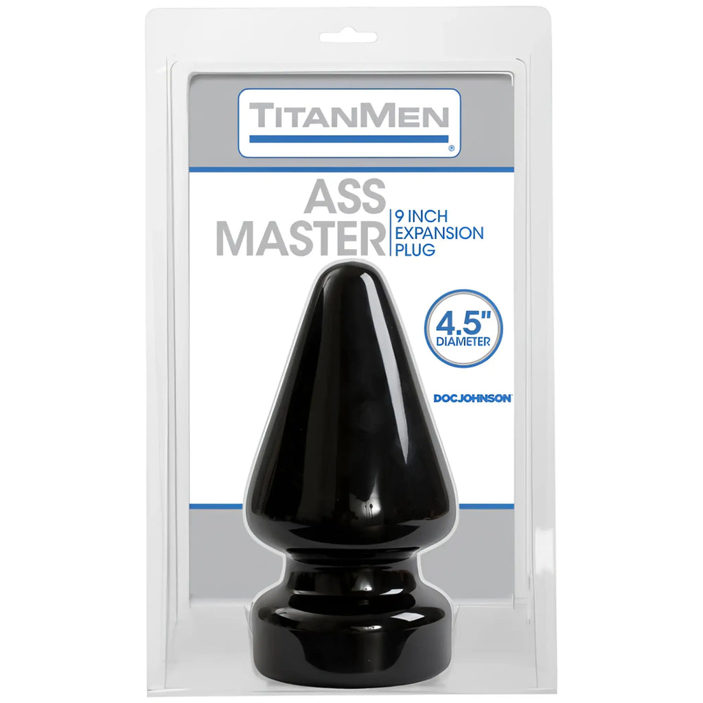 Black titanmen ass master 4.5in expansion plug with glossy finish and tapered pointed design for comfortable use
