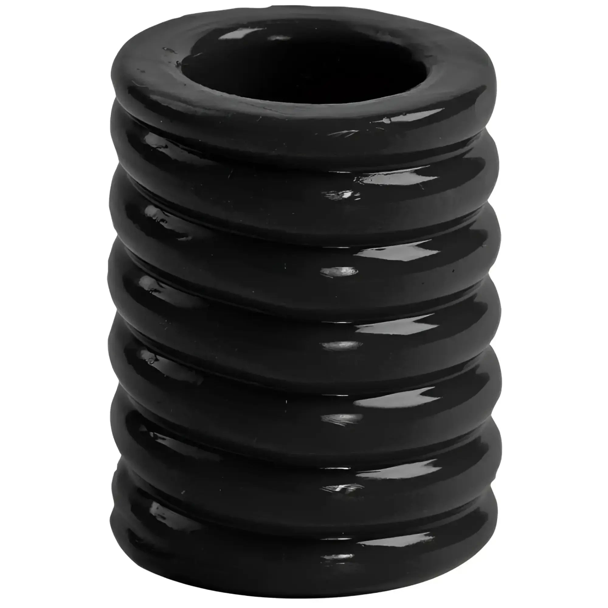 Black glossy rubber cock ring with ribbed texture from titANmen cock cage black for enhanced stimulation