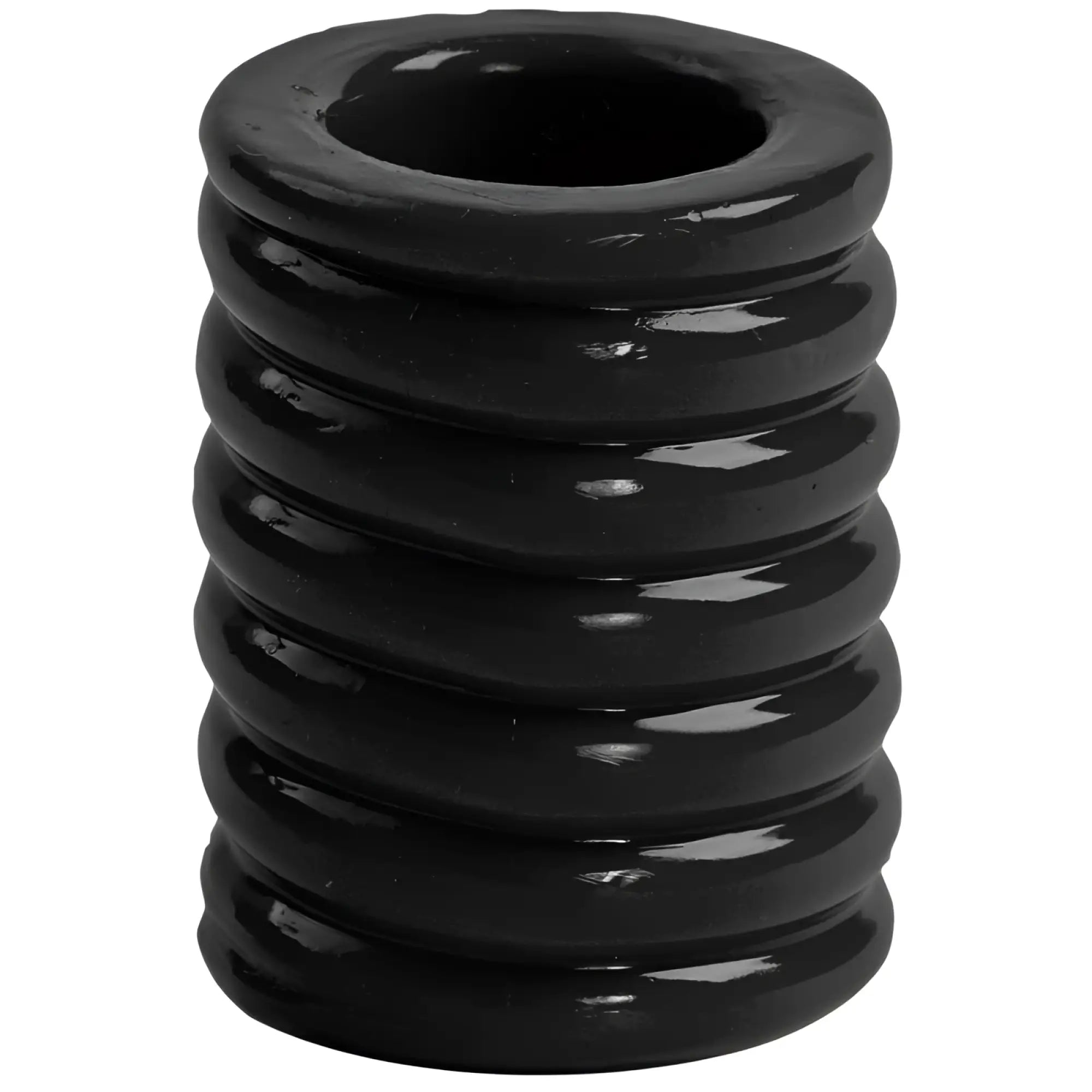 Black glossy rubber cock ring with ribbed texture from titANmen cock cage black for enhanced stimulation