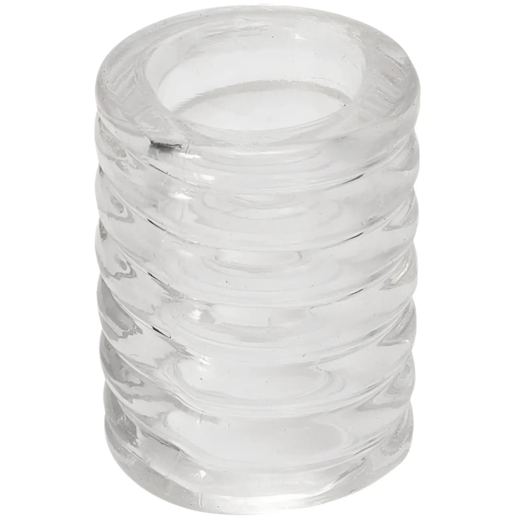 Clear glass cylindrical ashtray with ribbed textured surface designed for ash collection and easy cleaning