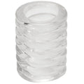 Clear glass cylindrical ashtray with ribbed textured surface designed for ash collection and easy cleaning