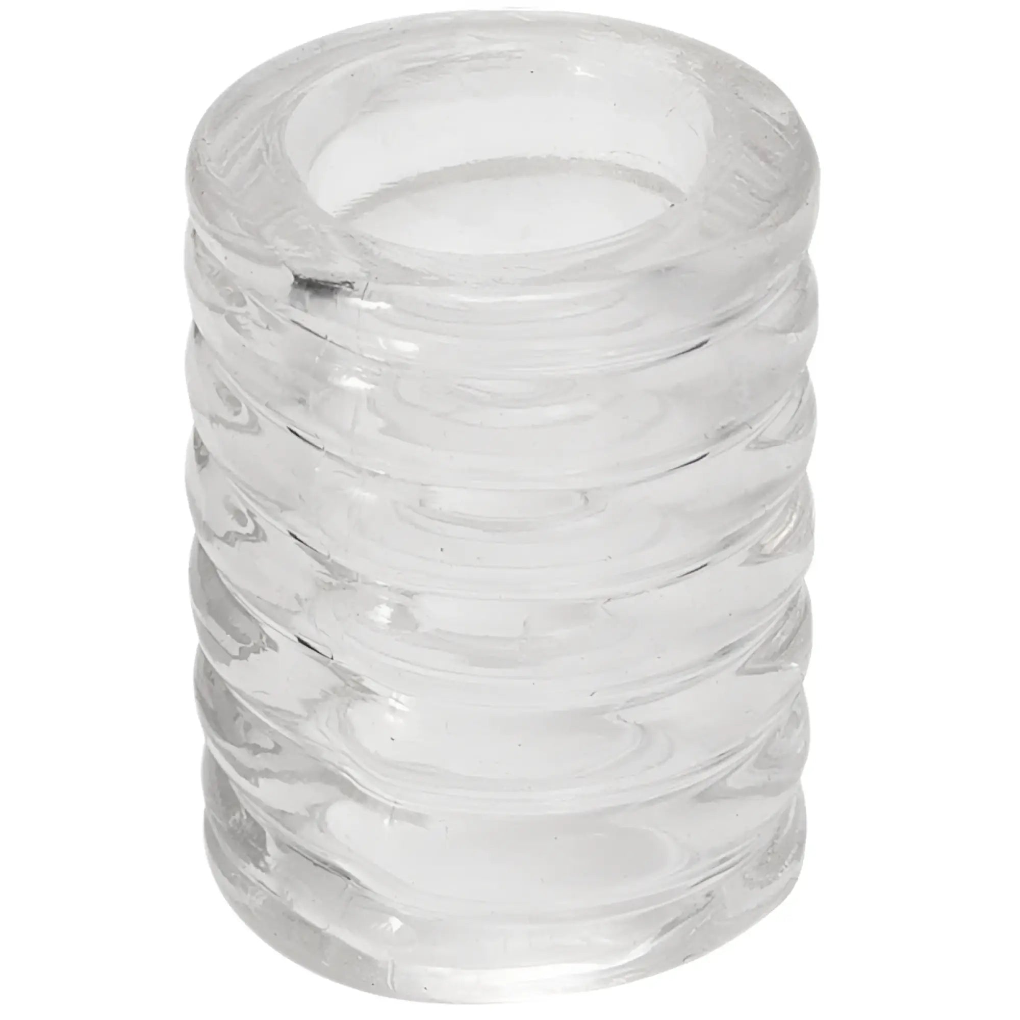 Clear glass cylindrical ashtray with ribbed textured surface designed for ash collection and easy cleaning