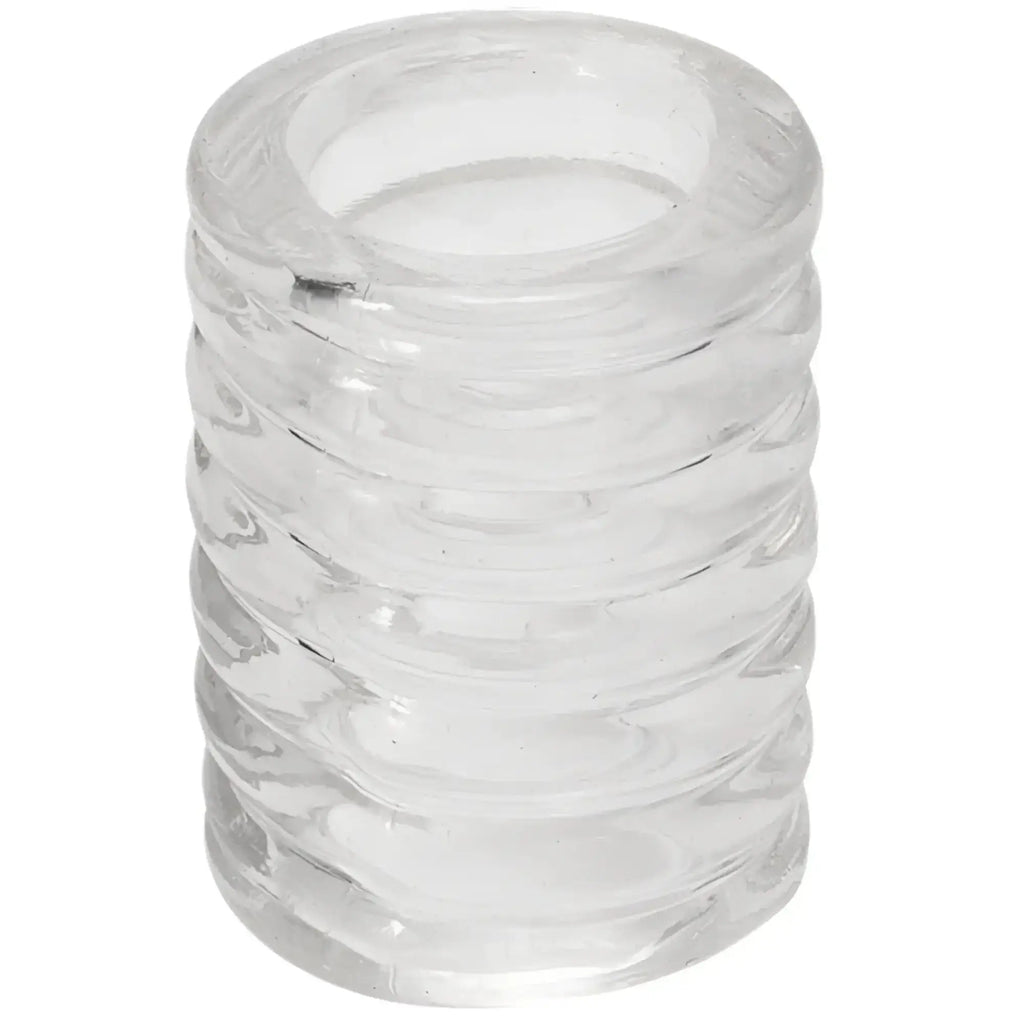 Clear glass cylindrical ashtray with ribbed textured surface designed for ash collection and easy cleaning