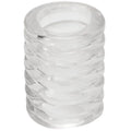 Clear glass cylindrical ashtray with ribbed textured surface designed for ash collection and easy cleaning
