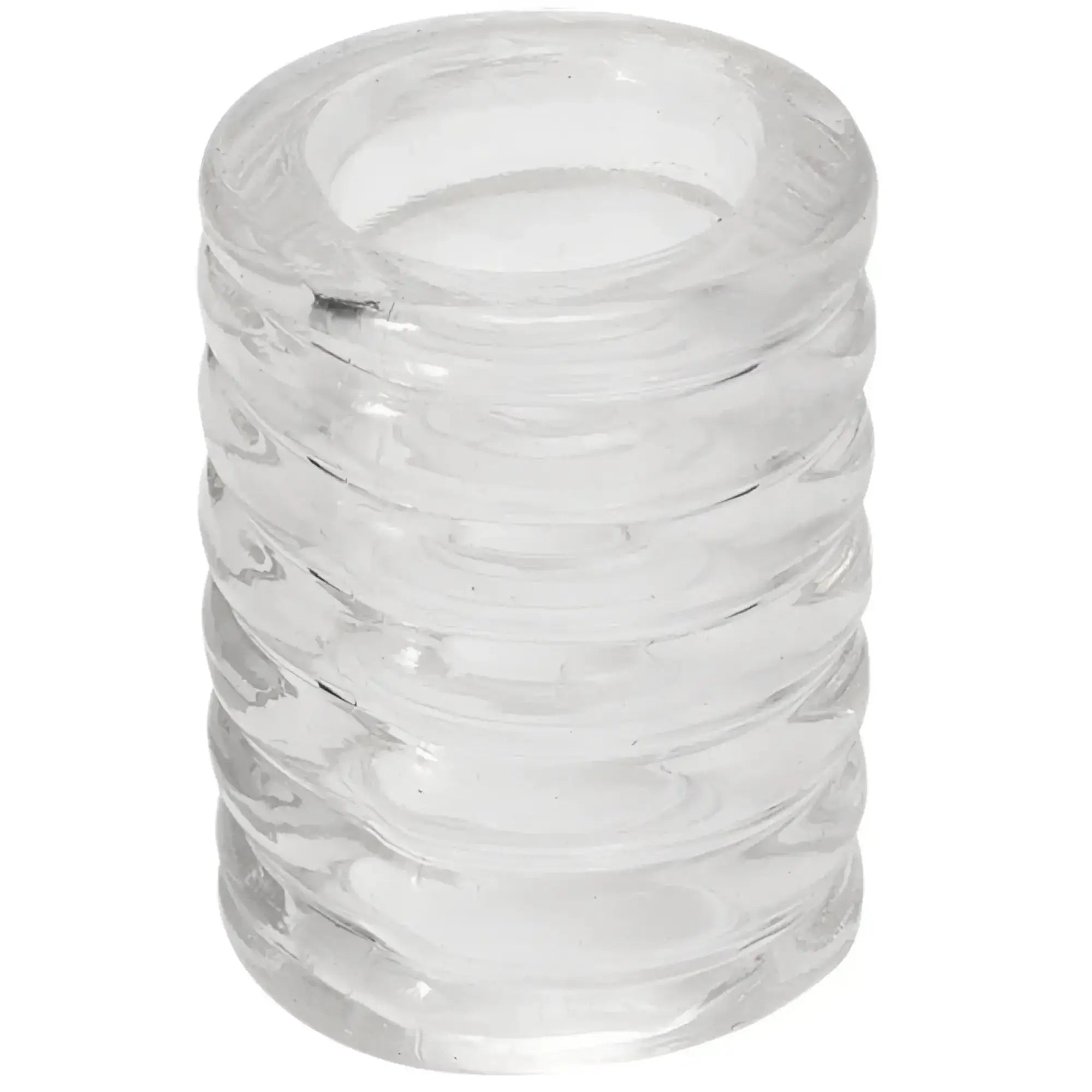 Clear glass cylindrical ashtray with ribbed textured surface designed for ash collection and easy cleaning