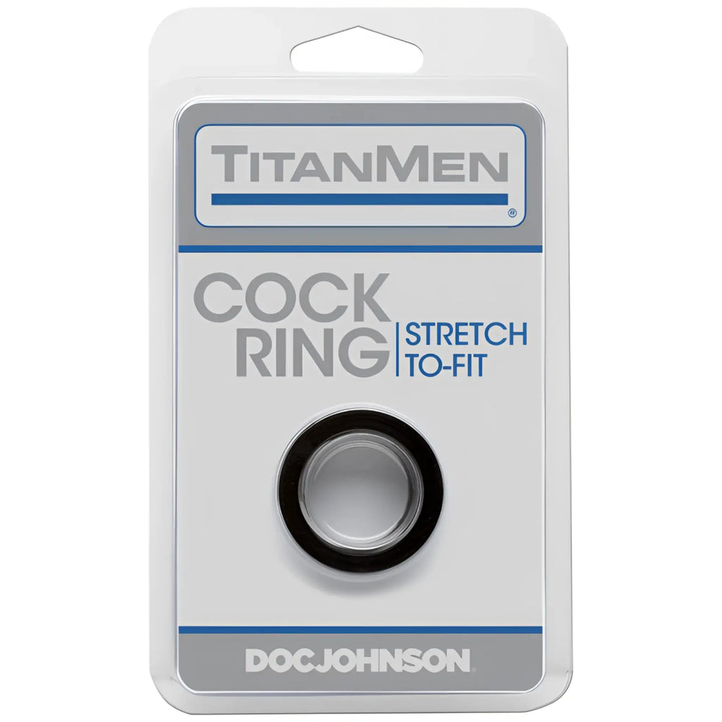 Titanmen stretch-to-fit black cock ring made of flexible material packaged by Doc Johnson for enhanced pleasure