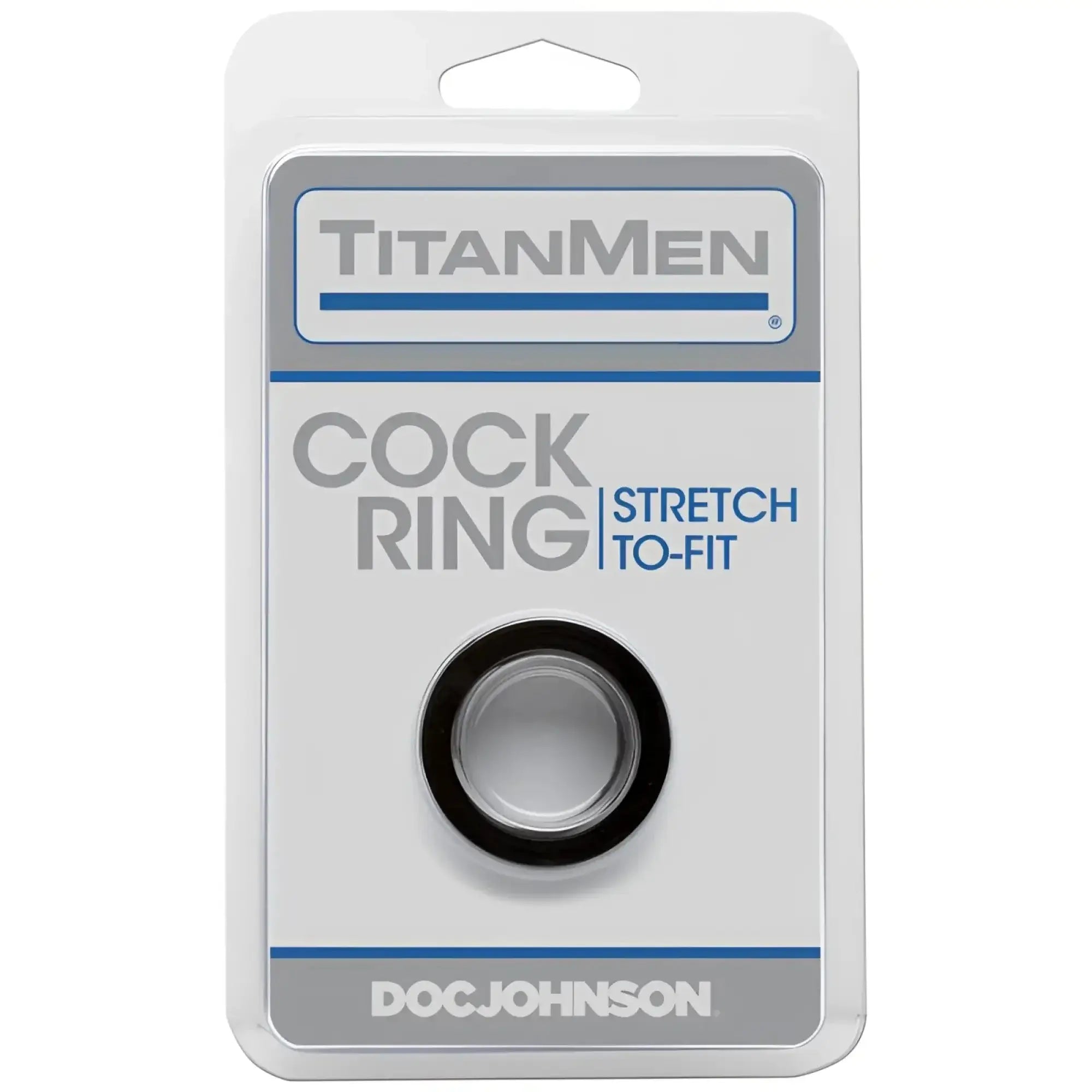 Titanmen stretch-to-fit black cock ring made of flexible material packaged by Doc Johnson for enhanced pleasure